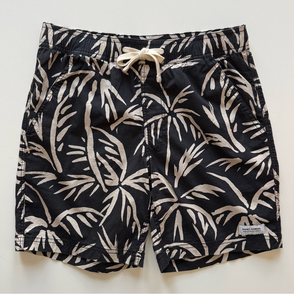 Banks Journal Men’s Black Elastic Waist Palm Print Board Shorts - Size 28
